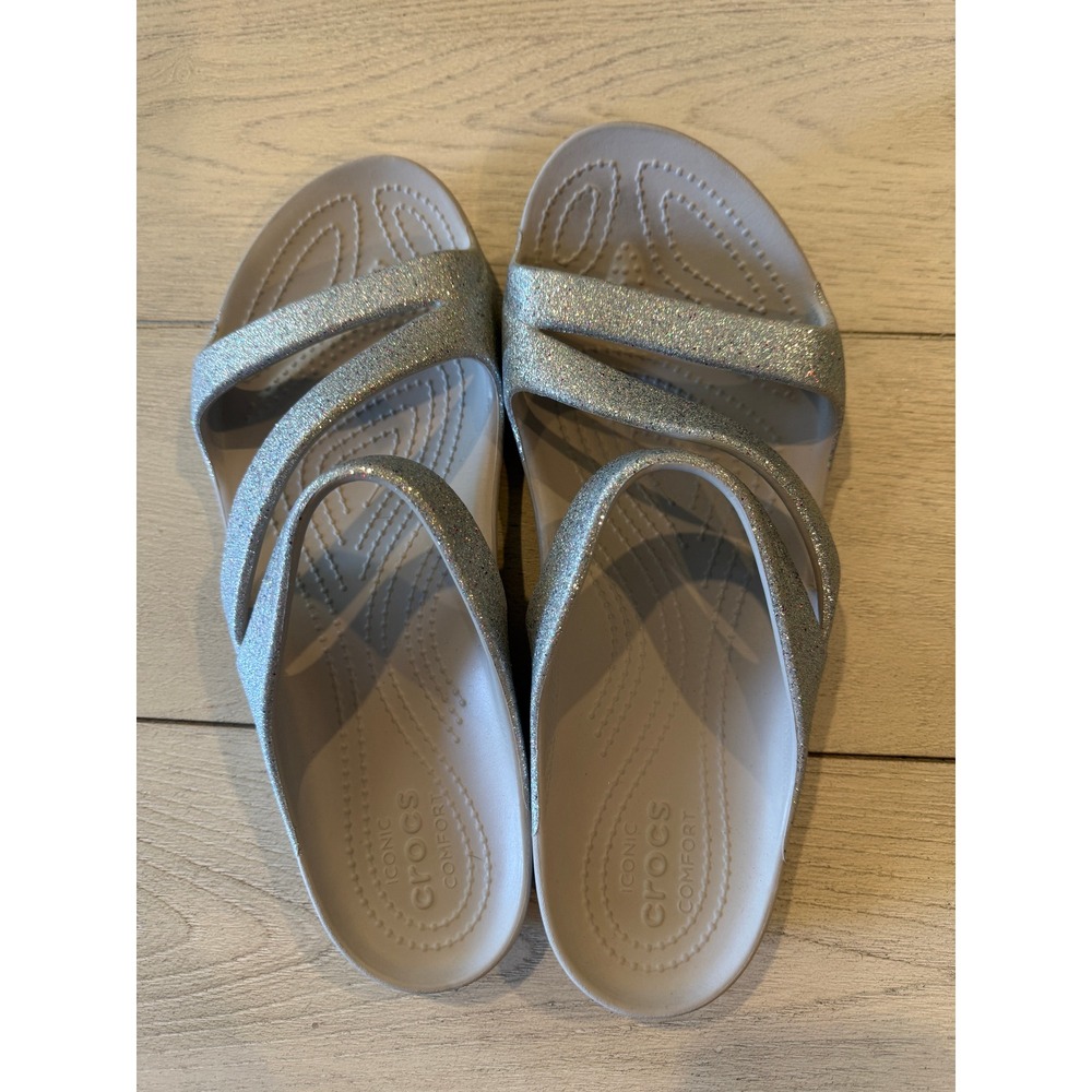 Crocs Swiftwater Silver Glitter Strappy Slide Sandals Womens 10 Sparkly Silver